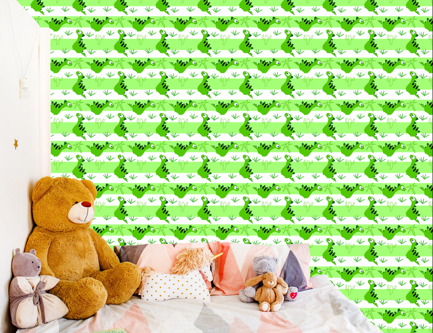 Wallpaper For Children - Dinosaurs On The Green - White Stripes Background