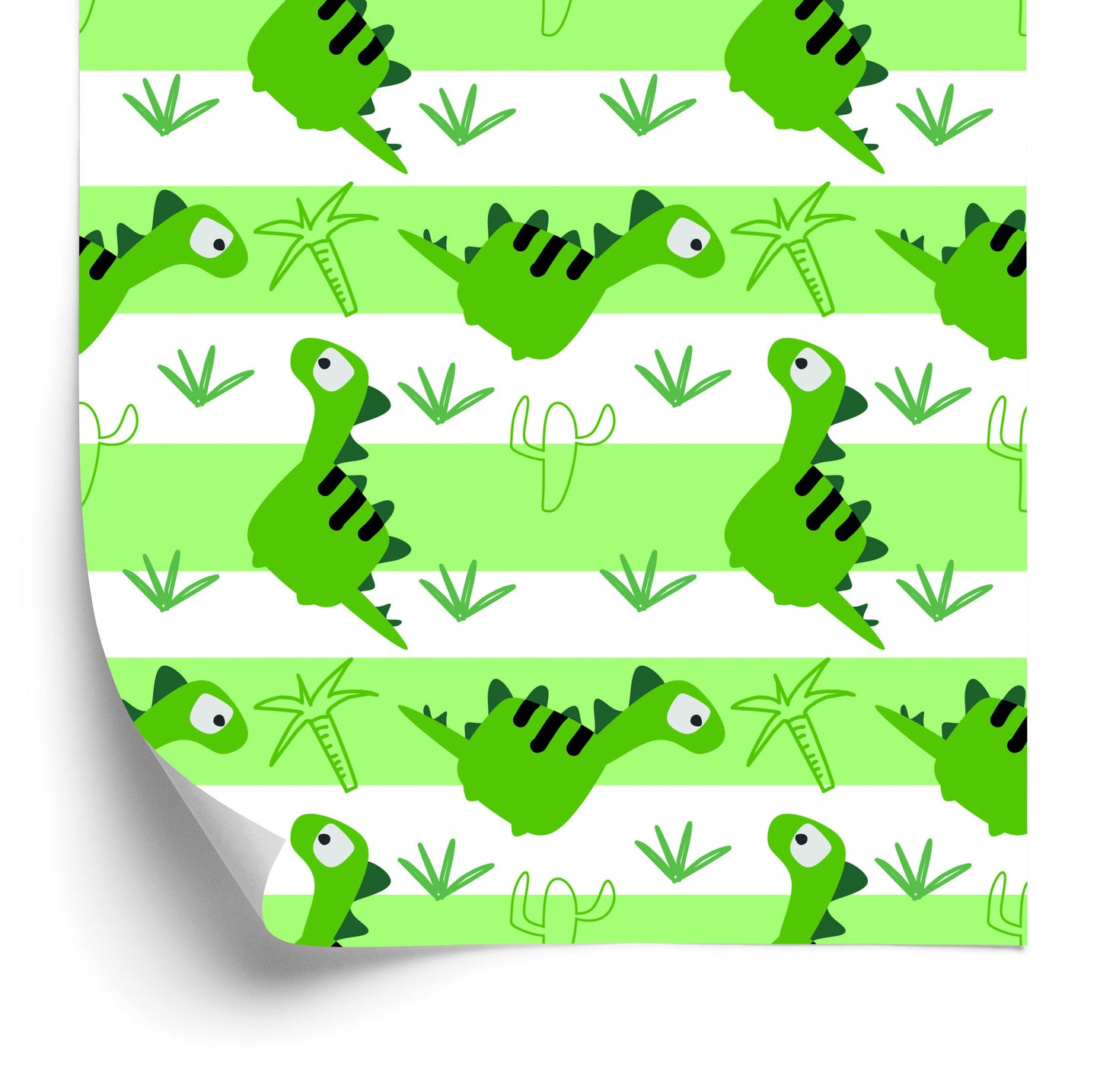 Wallpaper For Children - Dinosaurs On The Green - White Stripes Background