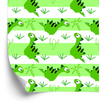 Wallpaper For Children - Dinosaurs On The Green - White Stripes Background