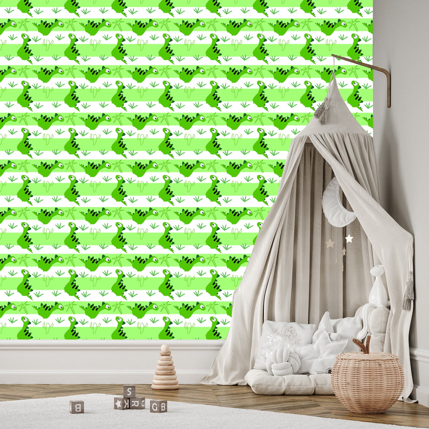 Wallpaper For Children - Dinosaurs On The Green - White Stripes Background