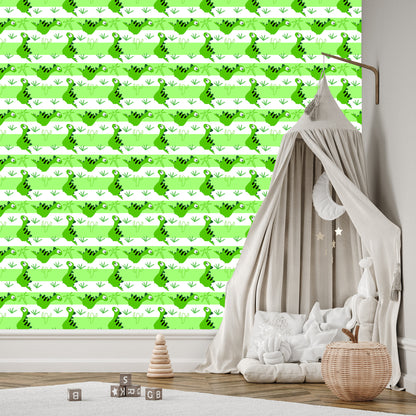 Wallpaper For Children - Dinosaurs On The Green - White Stripes Background