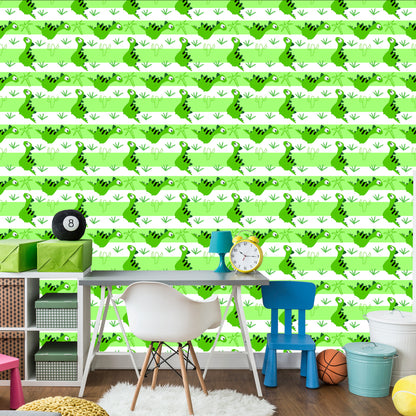 Wallpaper For Children - Dinosaurs On The Green - White Stripes Background