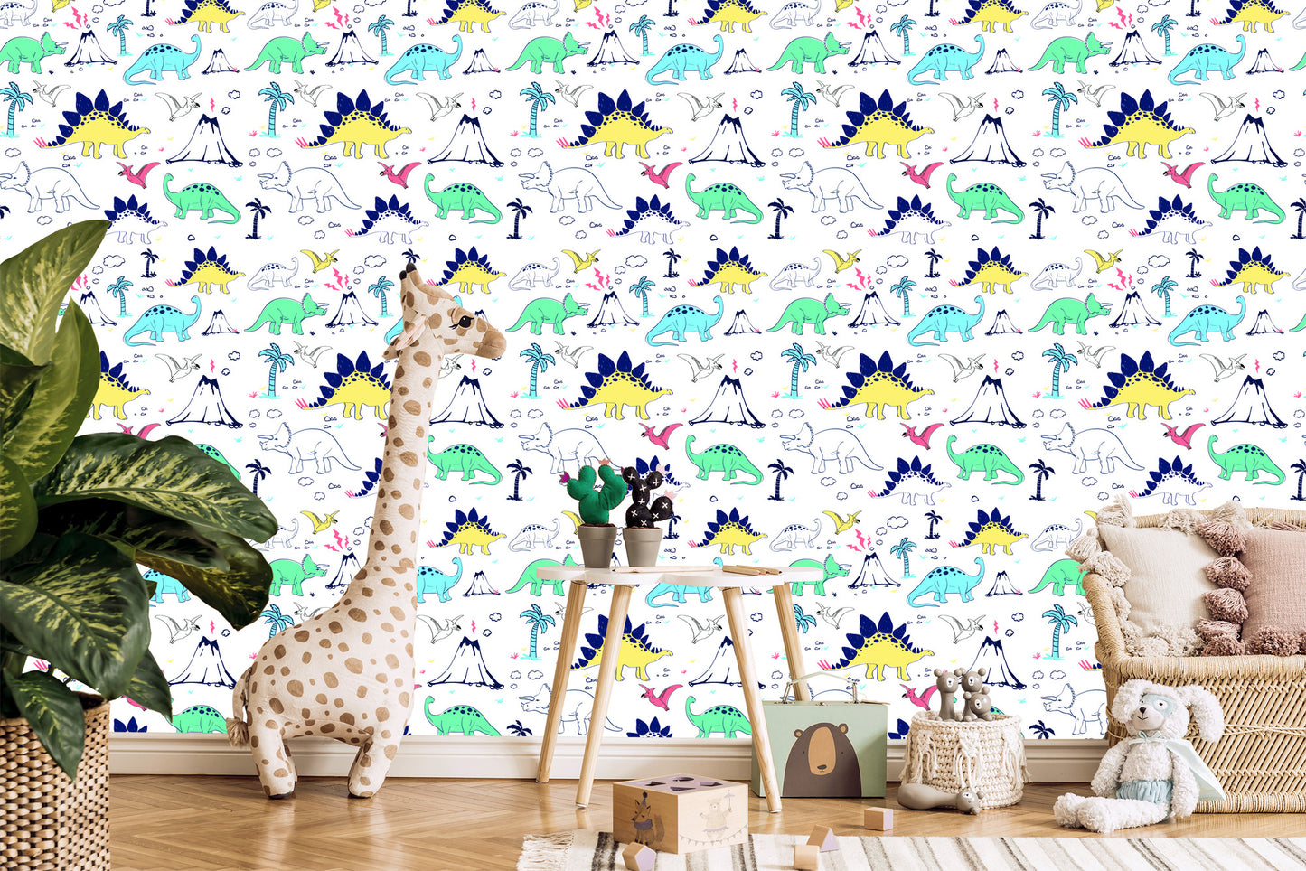 Wallpaper For Children. Dinosaurs. Palm Trees. Volcano