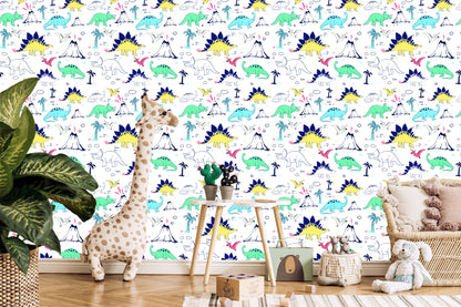 Wallpaper For Children. Dinosaurs. Palm Trees. Volcano