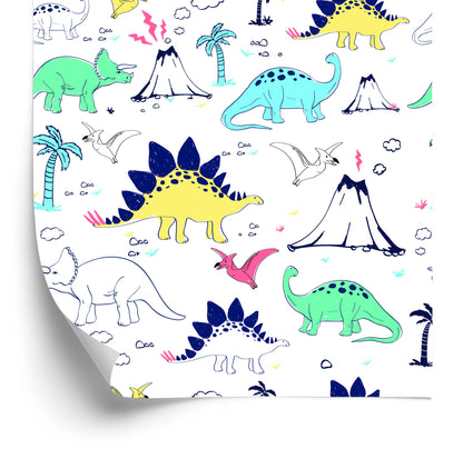 Wallpaper For Children. Dinosaurs. Palm Trees. Volcano