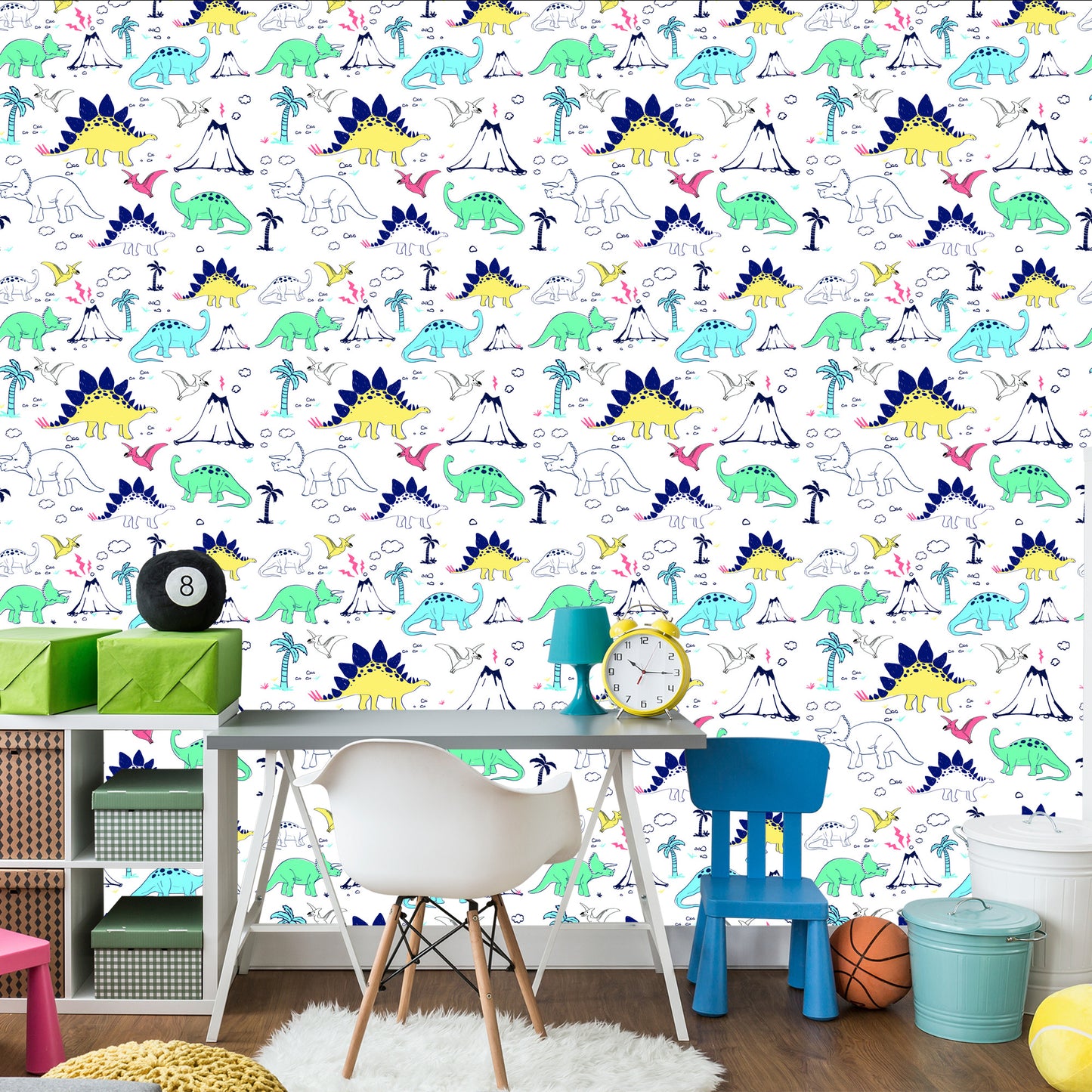 Wallpaper For Children. Dinosaurs. Palm Trees. Volcano