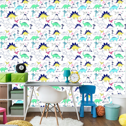 Wallpaper For Children. Dinosaurs. Palm Trees. Volcano