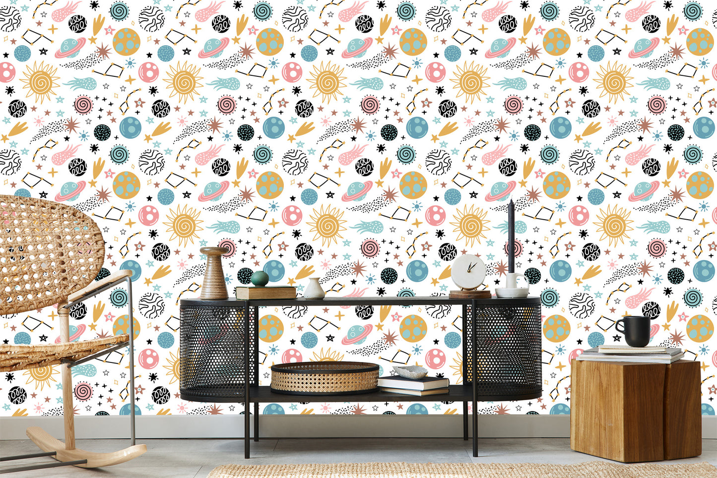 Wallpaper For Children - Colorful Stars And Planets In Scandinavian Style