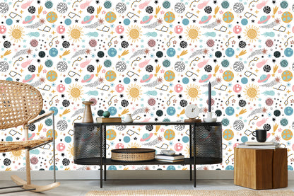 Wallpaper For Children - Colorful Stars And Planets In Scandinavian Style