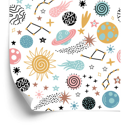 Wallpaper For Children - Colorful Stars And Planets In Scandinavian Style