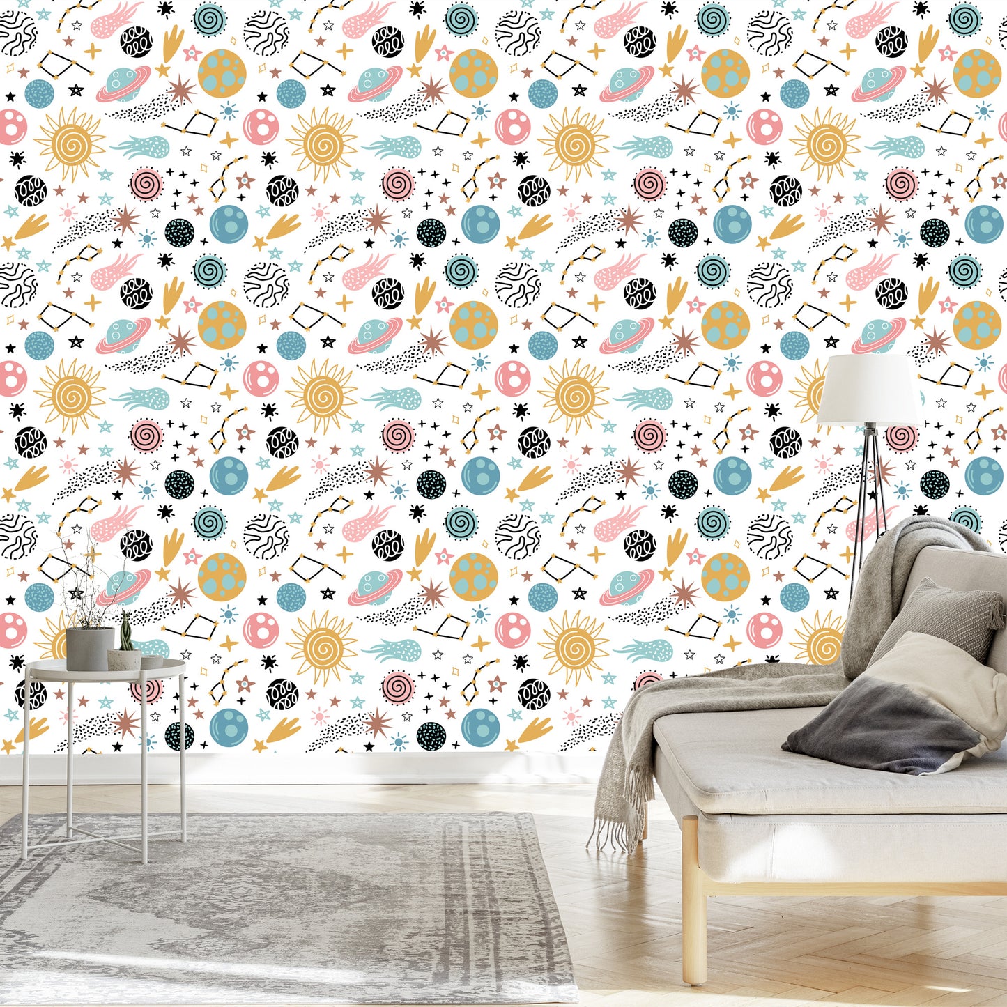 Wallpaper For Children - Colorful Stars And Planets In Scandinavian Style