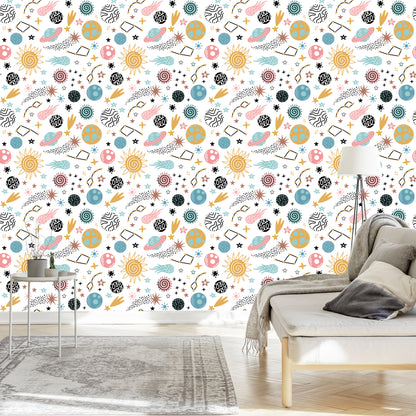 Wallpaper For Children - Colorful Stars And Planets In Scandinavian Style