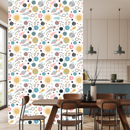 Wallpaper For Children - Colorful Stars And Planets In Scandinavian Style