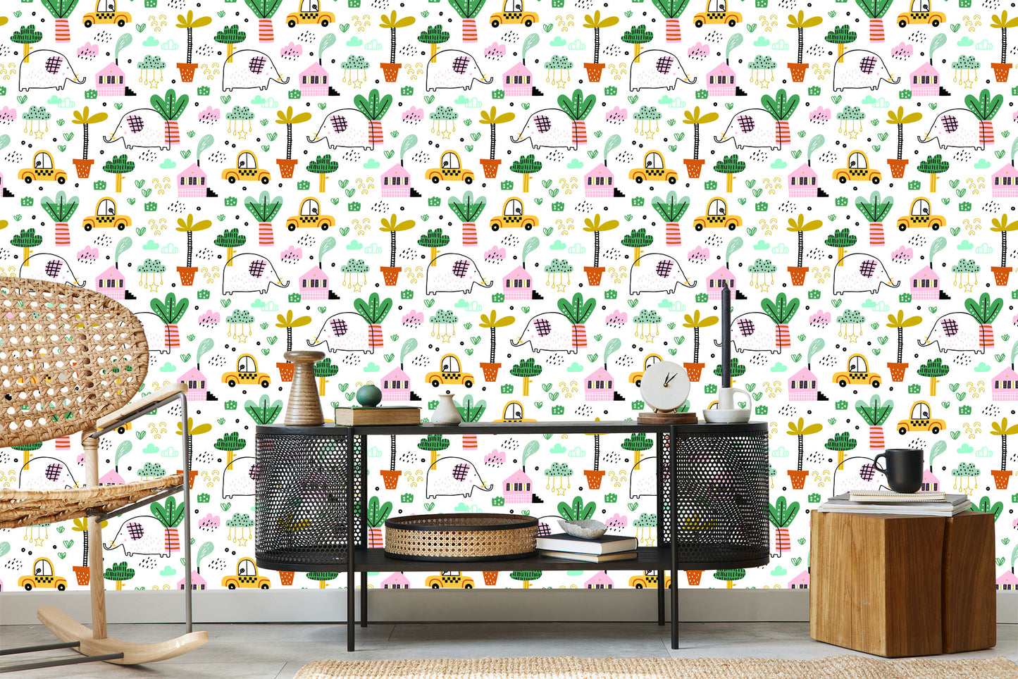 Wallpaper For Children - Elephants, Cars And Houses In The Scandinavian Style
