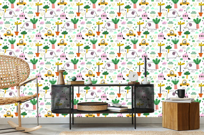 Wallpaper For Children - Elephants, Cars And Houses In The Scandinavian Style