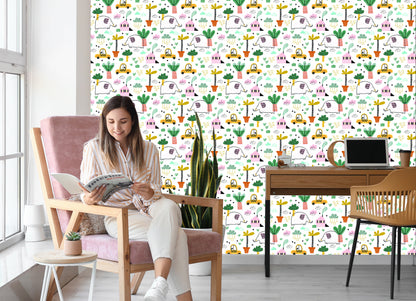 Wallpaper For Children - Elephants, Cars And Houses In The Scandinavian Style