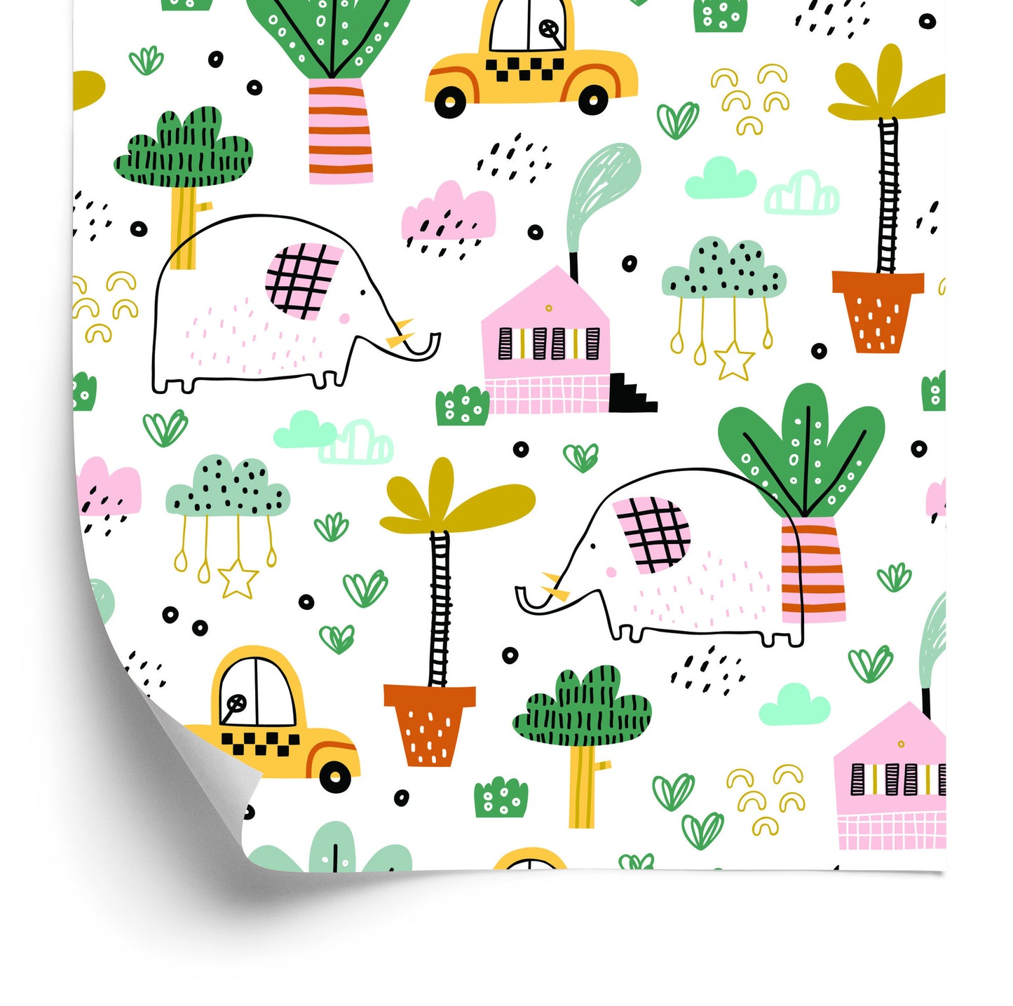 Wallpaper For Children - Elephants, Cars And Houses In The Scandinavian Style