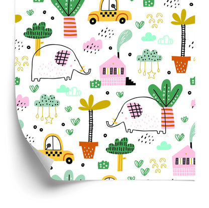 Wallpaper For Children - Elephants, Cars And Houses In The Scandinavian Style