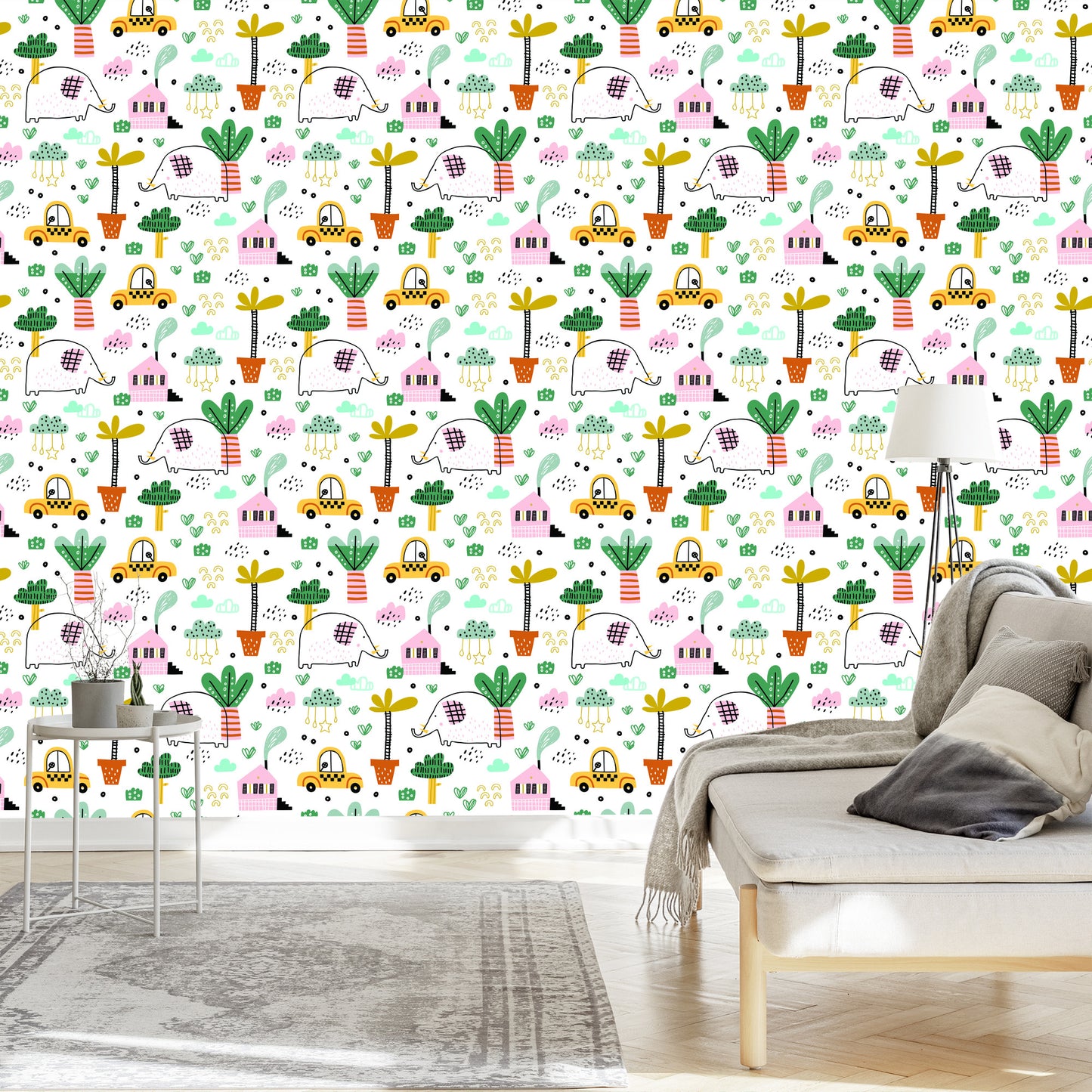 Wallpaper For Children - Elephants, Cars And Houses In The Scandinavian Style