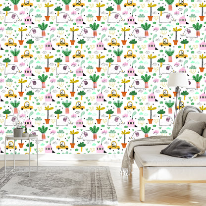 Wallpaper For Children - Elephants, Cars And Houses In The Scandinavian Style