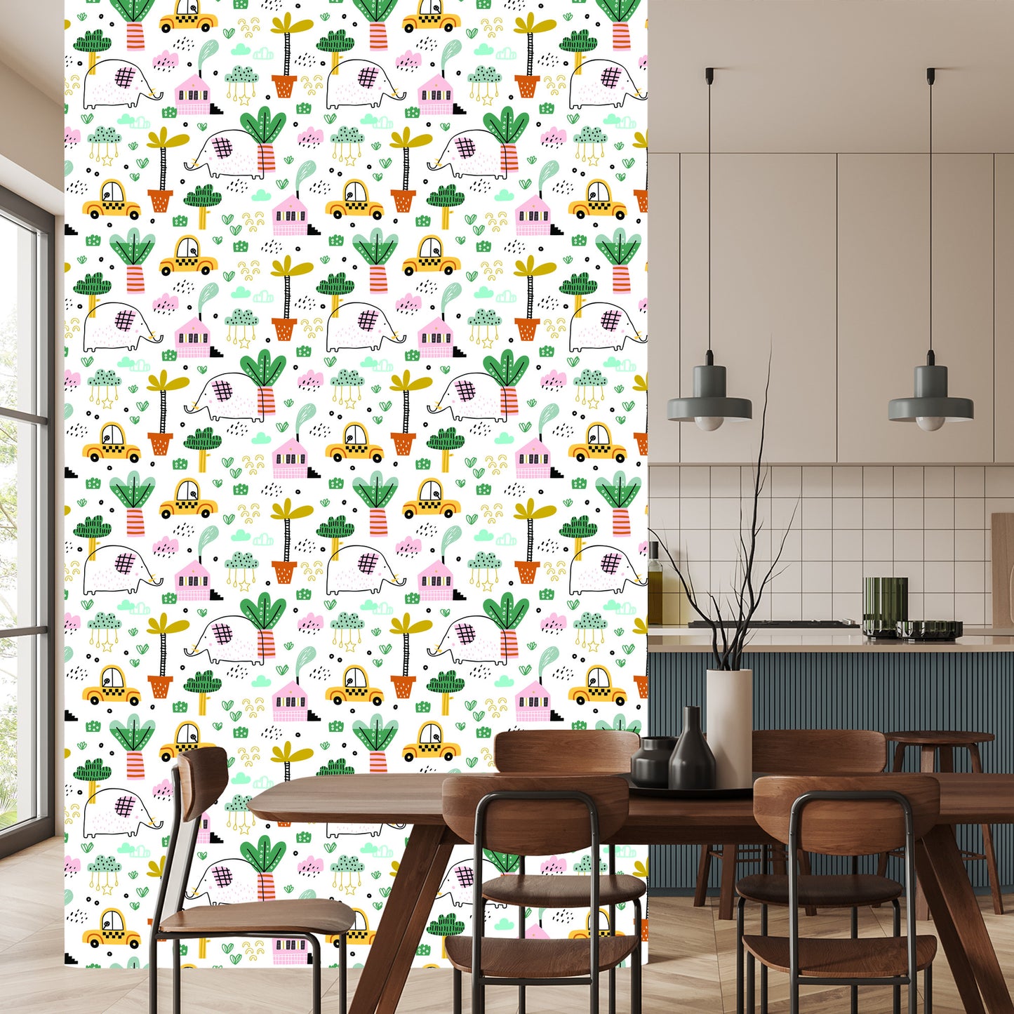 Wallpaper For Children - Elephants, Cars And Houses In The Scandinavian Style
