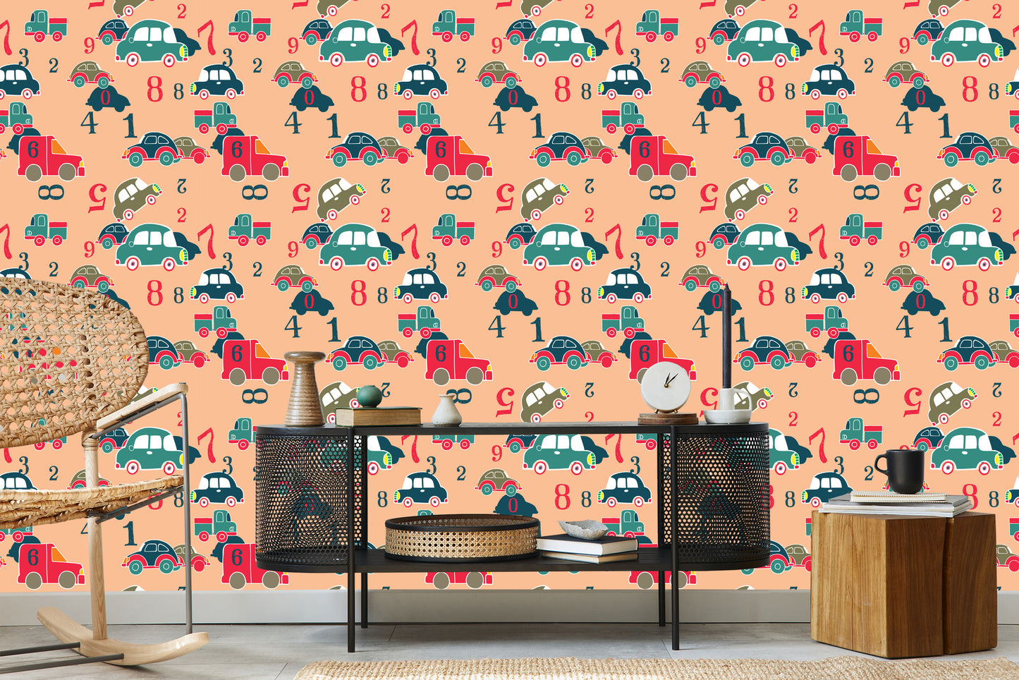 Wallpaper For Children - Colorful Toy Cars And Numbers