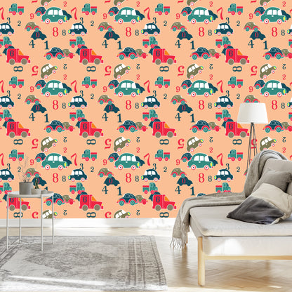 Wallpaper For Children - Colorful Toy Cars And Numbers