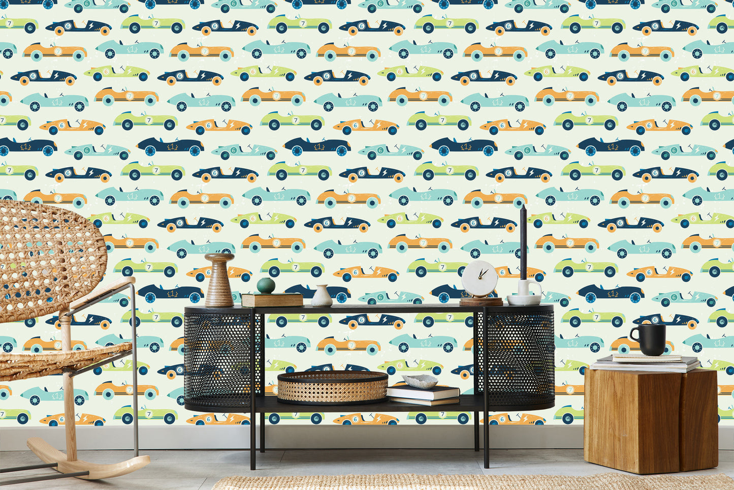 Wallpaper For Children - Racing Cars In Vintage Style