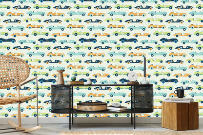 Wallpaper For Children - Racing Cars In Vintage Style