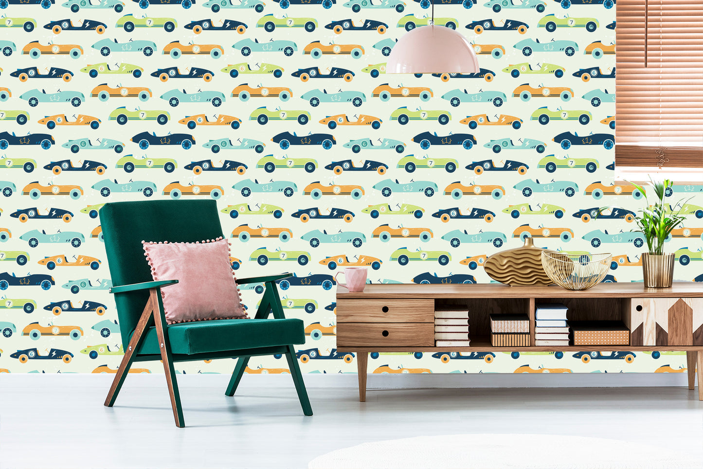 Wallpaper For Children - Racing Cars In Vintage Style
