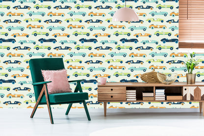 Wallpaper For Children - Racing Cars In Vintage Style