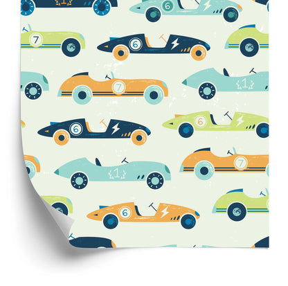 Wallpaper For Children - Racing Cars In Vintage Style