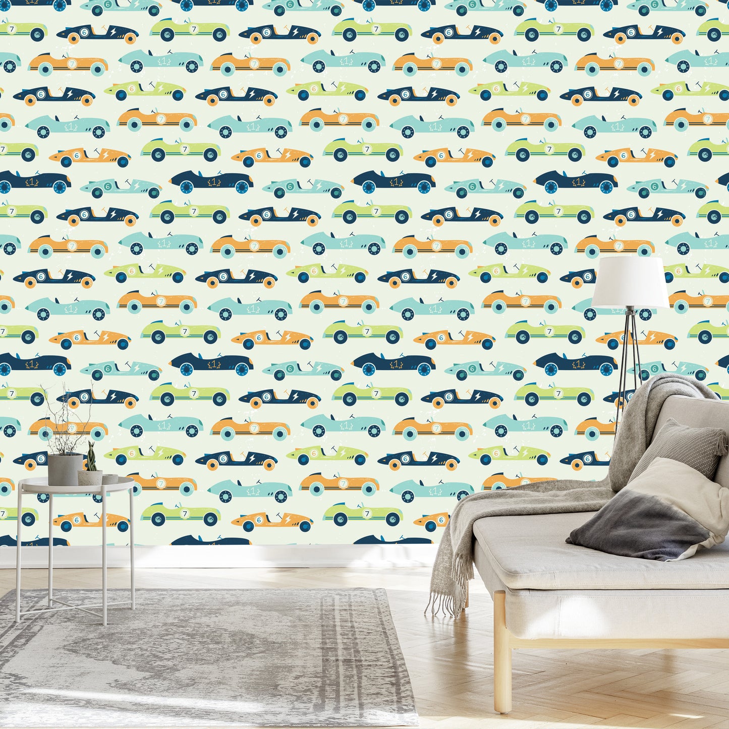Wallpaper For Children - Racing Cars In Vintage Style