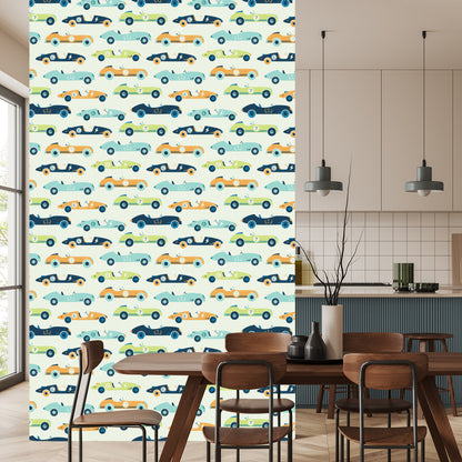 Wallpaper For Children - Racing Cars In Vintage Style