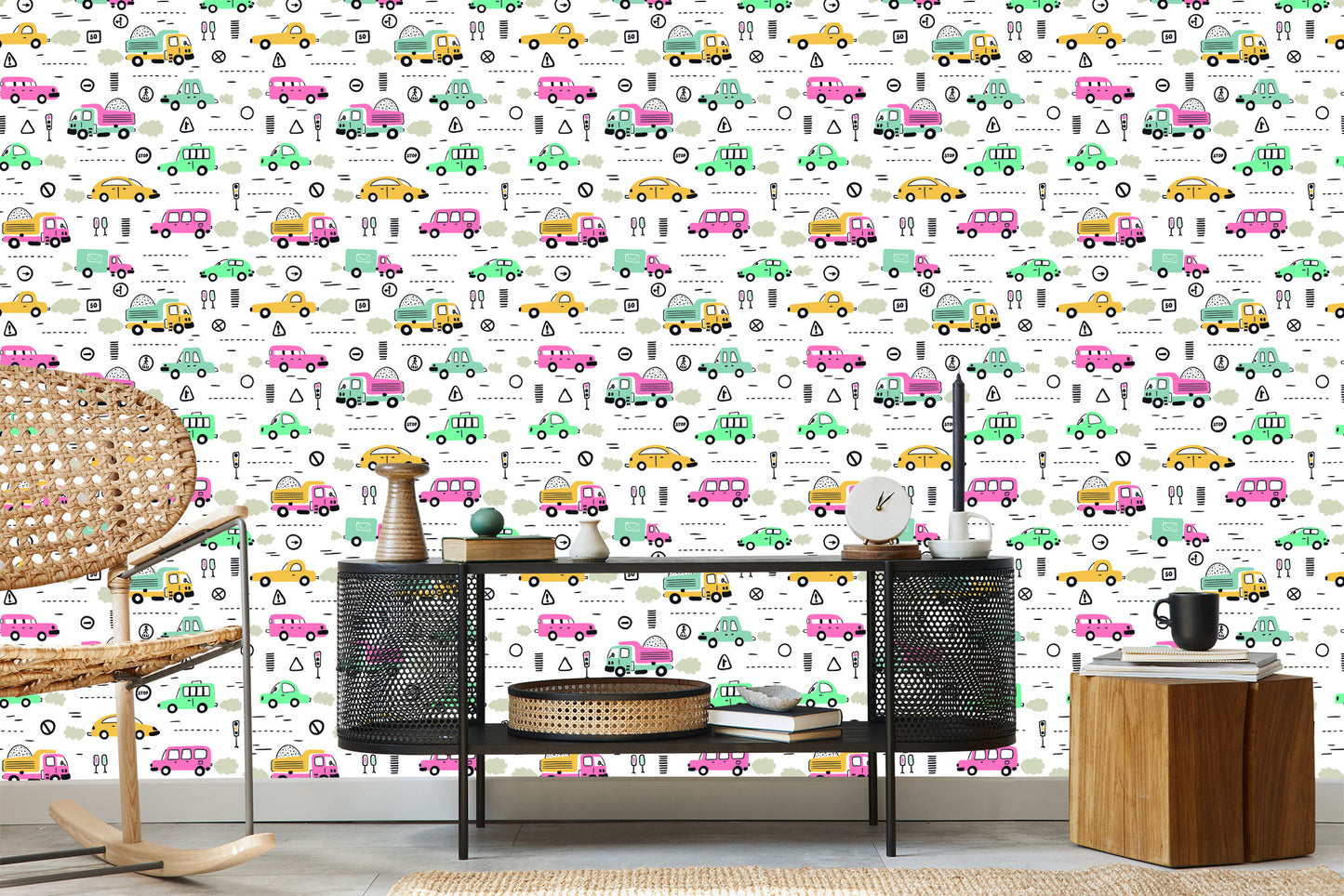 Wallpaper For Children - Colorful Cars In Scandinavian Style