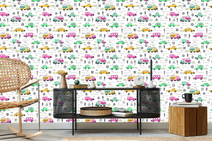 Wallpaper For Children - Colorful Cars In Scandinavian Style