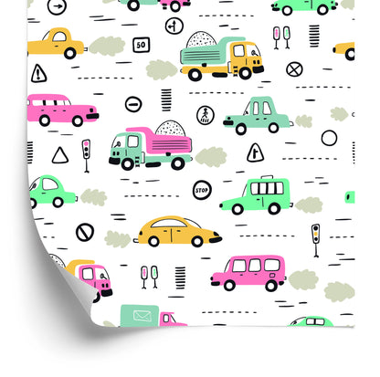 Wallpaper For Children - Colorful Cars In Scandinavian Style