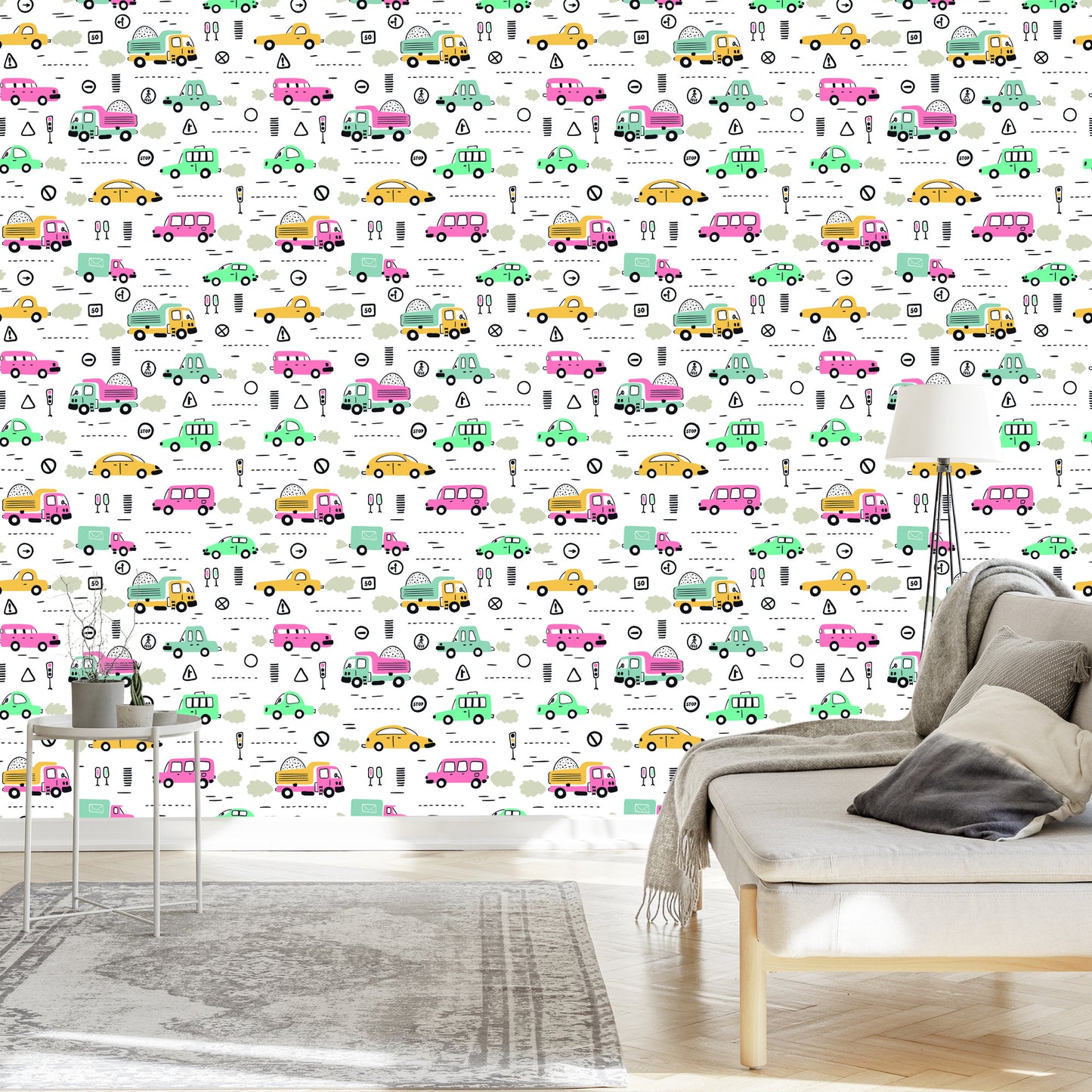 Wallpaper For Children - Colorful Cars In Scandinavian Style
