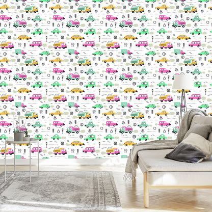 Wallpaper For Children - Colorful Cars In Scandinavian Style