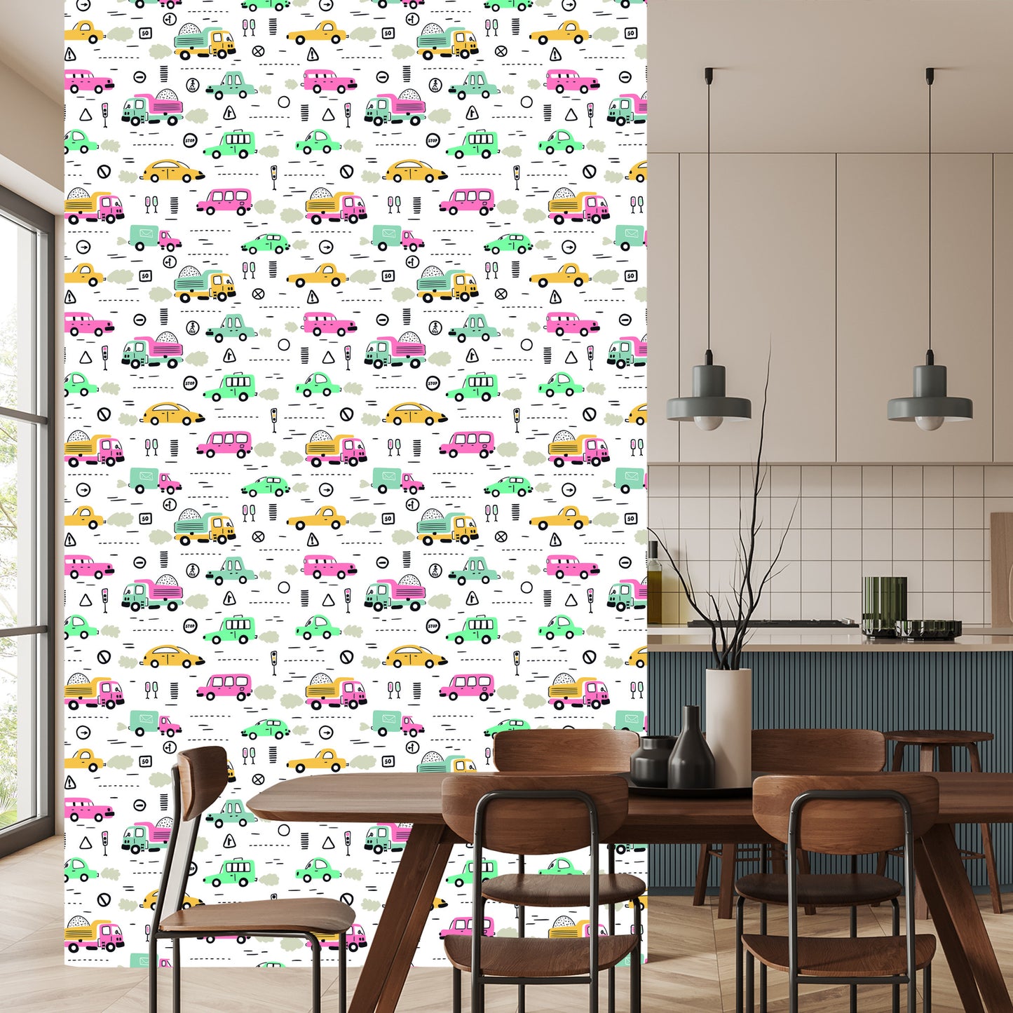 Wallpaper For Children - Colorful Cars In Scandinavian Style