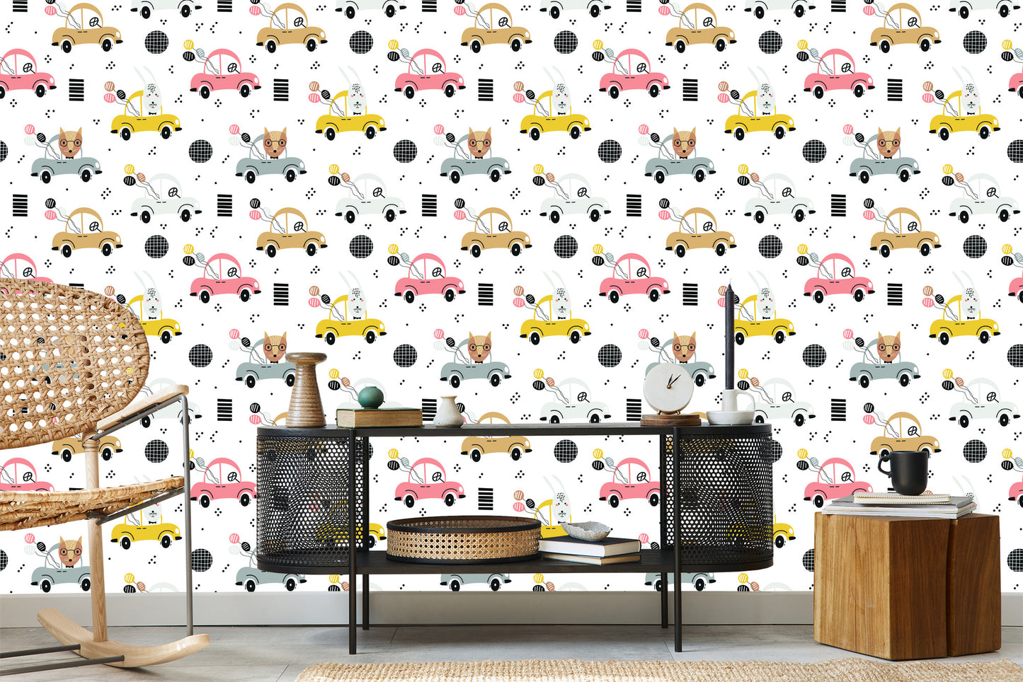 Wallpaper For Children - Colorful Cars And Happy Forest Animals