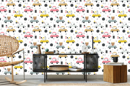 Wallpaper For Children - Colorful Cars And Happy Forest Animals