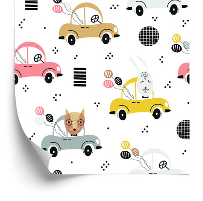 Wallpaper For Children - Colorful Cars And Happy Forest Animals