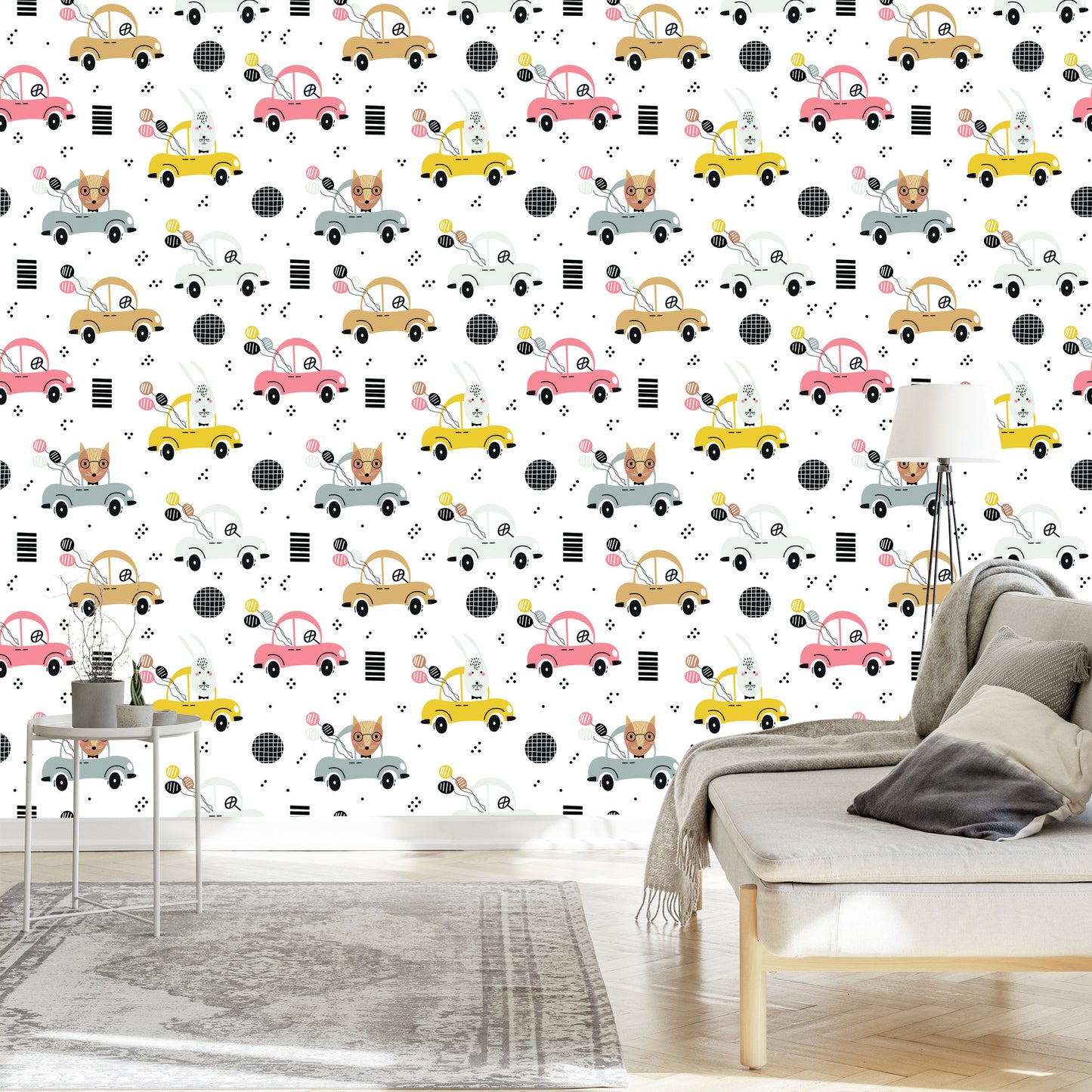 Wallpaper For Children - Colorful Cars And Happy Forest Animals