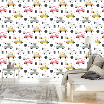 Wallpaper For Children - Colorful Cars And Happy Forest Animals