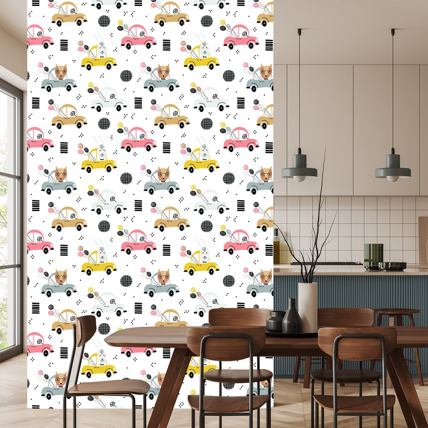 Wallpaper For Children - Colorful Cars And Happy Forest Animals