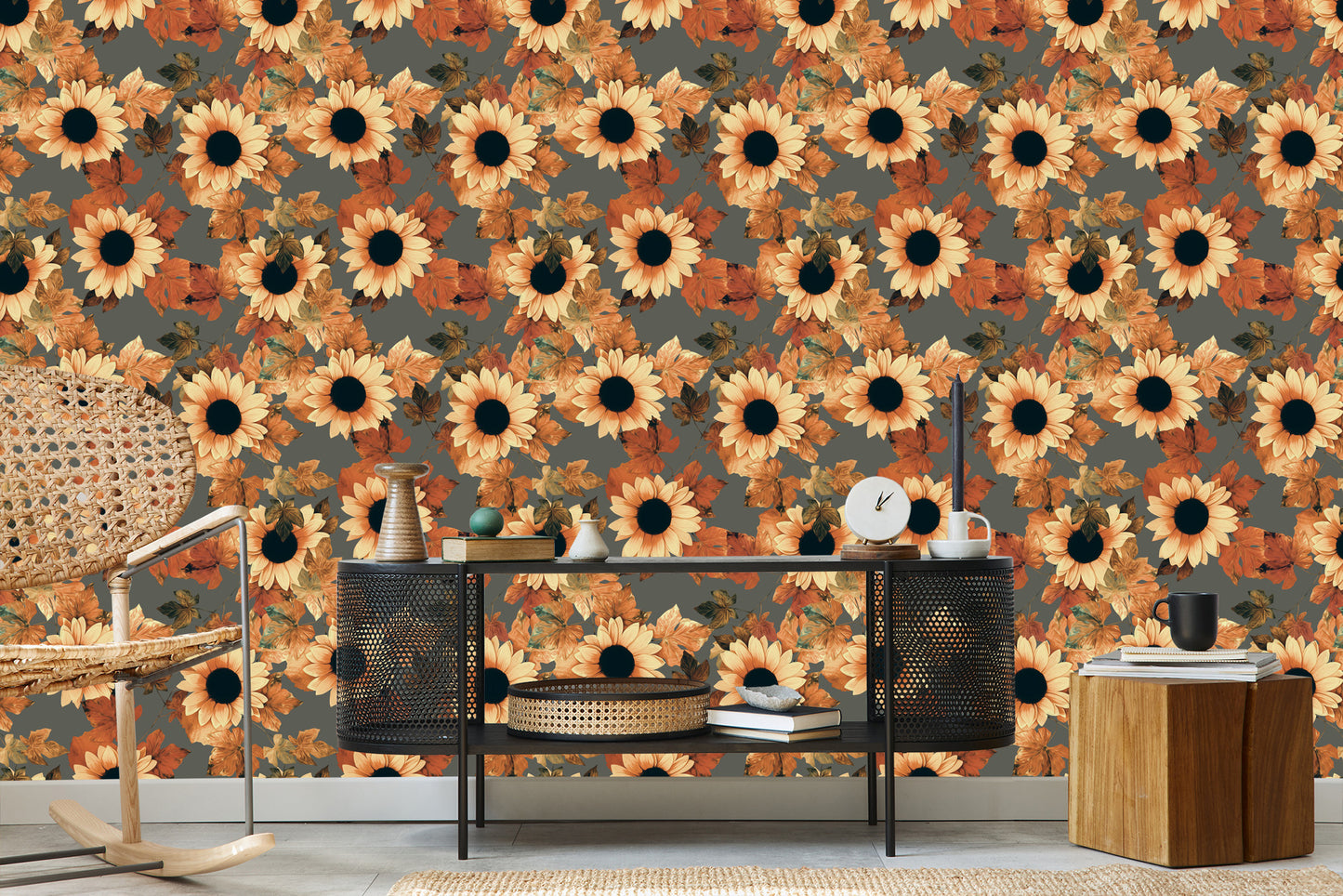 Wallpaper Painted Sunflowers With Leaves