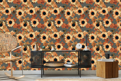 Wallpaper Painted Sunflowers With Leaves