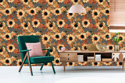 Wallpaper Painted Sunflowers With Leaves