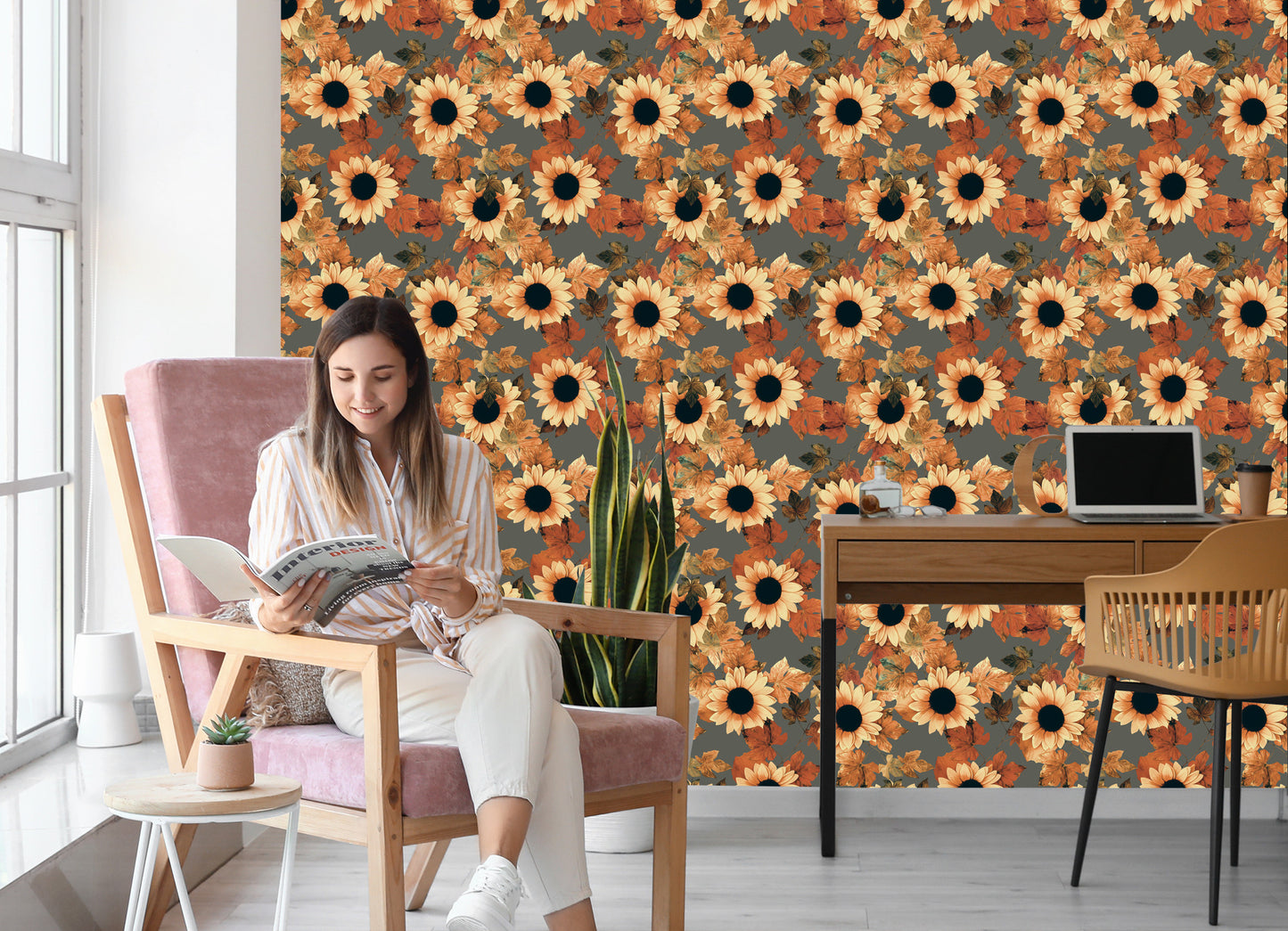 Wallpaper Painted Sunflowers With Leaves